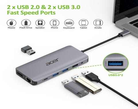Acer 12in1 Type C dongle: 2 x USB3.2, 2 x USB2.0, 1x SD/TF,