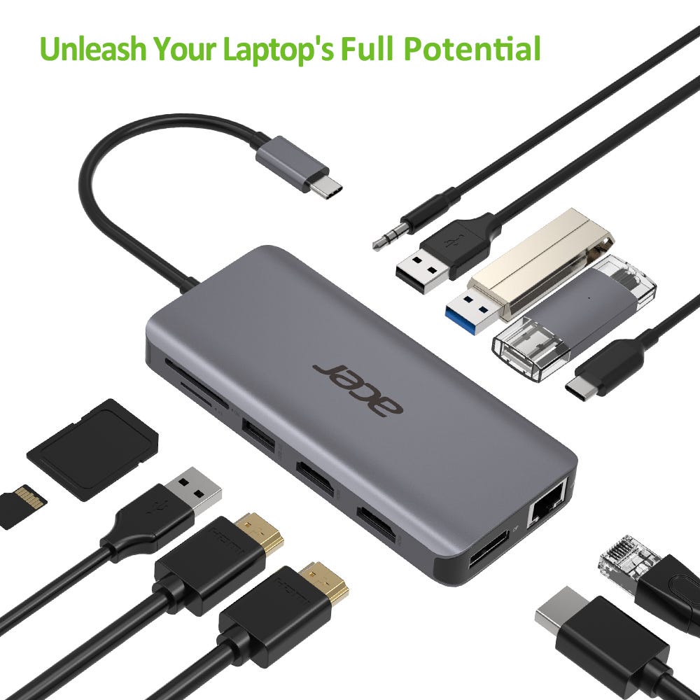 Acer 12in1 Type C dongle: 2 x USB3.2, 2 x USB2.0, 1x SD/TF,